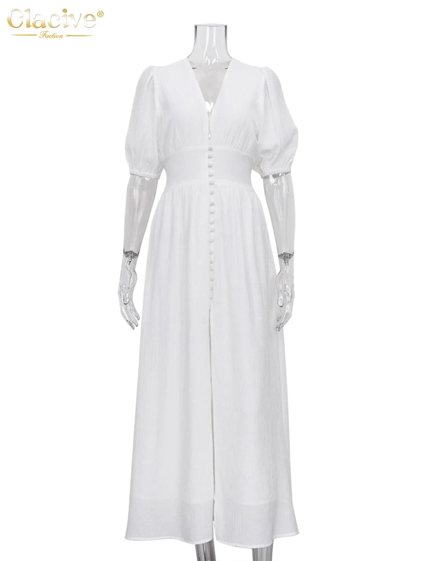 Clacive White Sexy Single-Breasted Women&#39;S Dress 2022 Elegant Short Sleeve V-Neck Party Dresses Lady Casual Slim Midi Dress