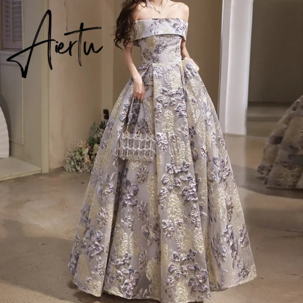 Aiertu Luxury Elegant Temperament Slash Neck Slim Formal Prom Dresses Exquisite Floral Constrast Embroidery Print Gown High End Robe Aiertu