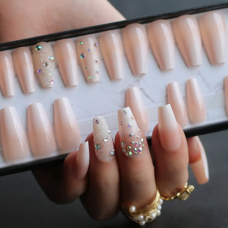 Handmade Ombre Gel nude coffin reusable Press on nails box pink Acrylic nails UV bling 3d crystal Ballet fasle nails