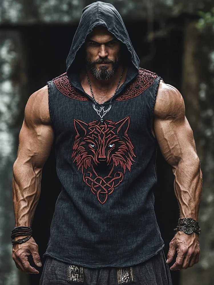 Men's Viking Knot Tribal Print Wolf Art Pattern Linen Sleeveless Hoodie / Rvogue / Rvogue