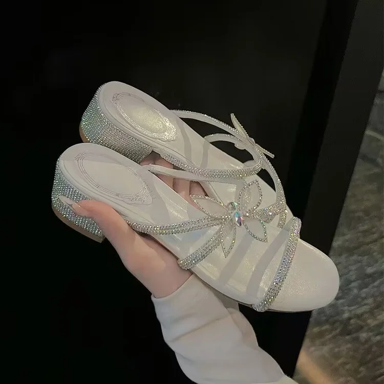 Wongn Wongn Summer New Fashion Rhinestone Bow Thin With High Heel Cool Drag Thin Heel Slippers Women's Shoes