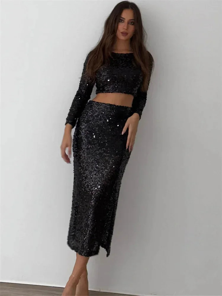 Huiketi Night Club 2 Piece-Set Maxi Skirt Female Sequin Cropped Top And High Waist Split Long Skirt Sets Glitter Fashion Outfits