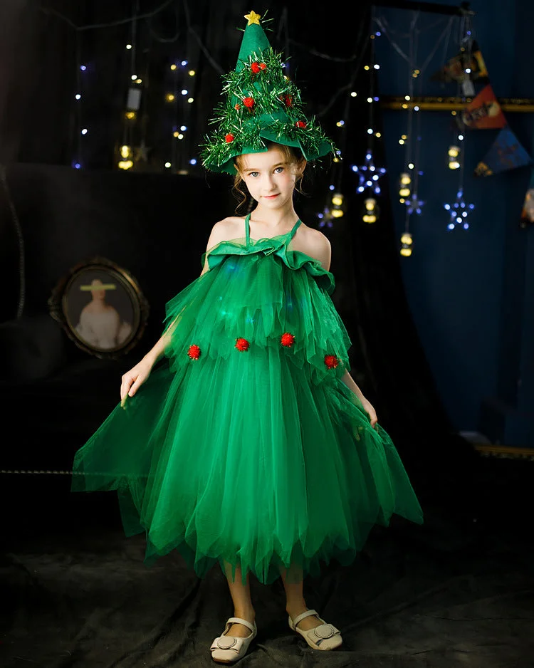 Christmas Tree Dress Green Elf Girls Kindergarten Performance Clothes with Hat-elleschic