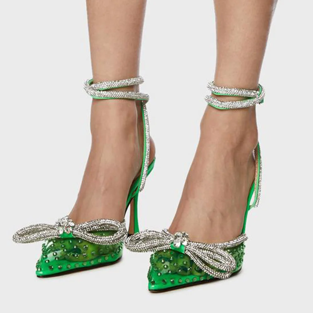 Green Clear Rivet Pointed Toe Pumps With Bow Slingback Ankle Strap Stiletto Heels Nicepairs