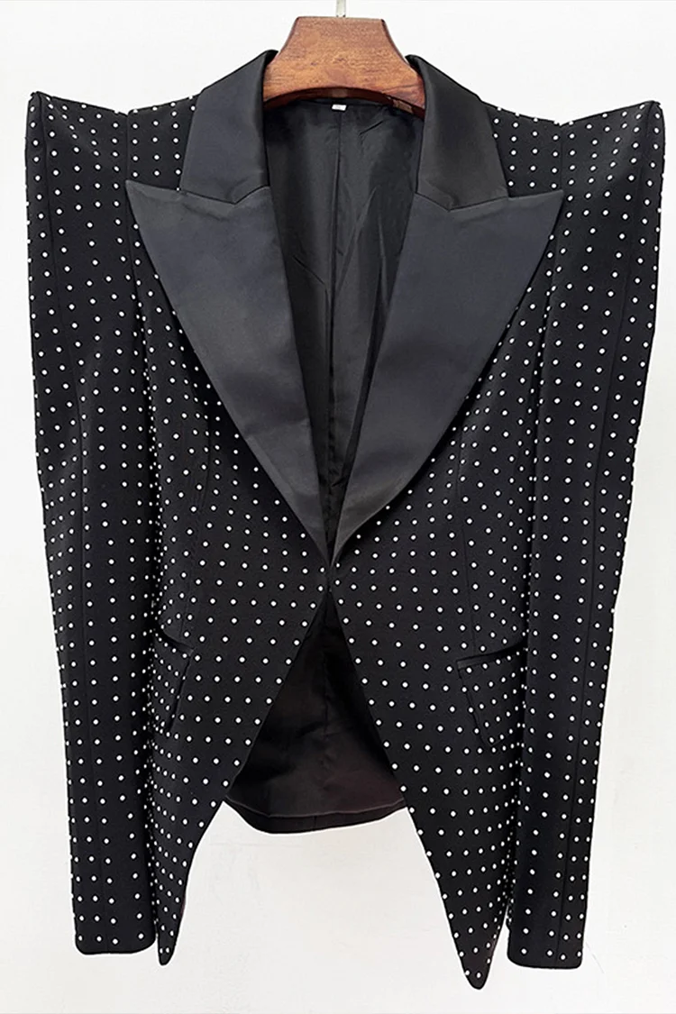 Polka Dot Blazer Pearl Embellished Two Piece Skirt Set-Black