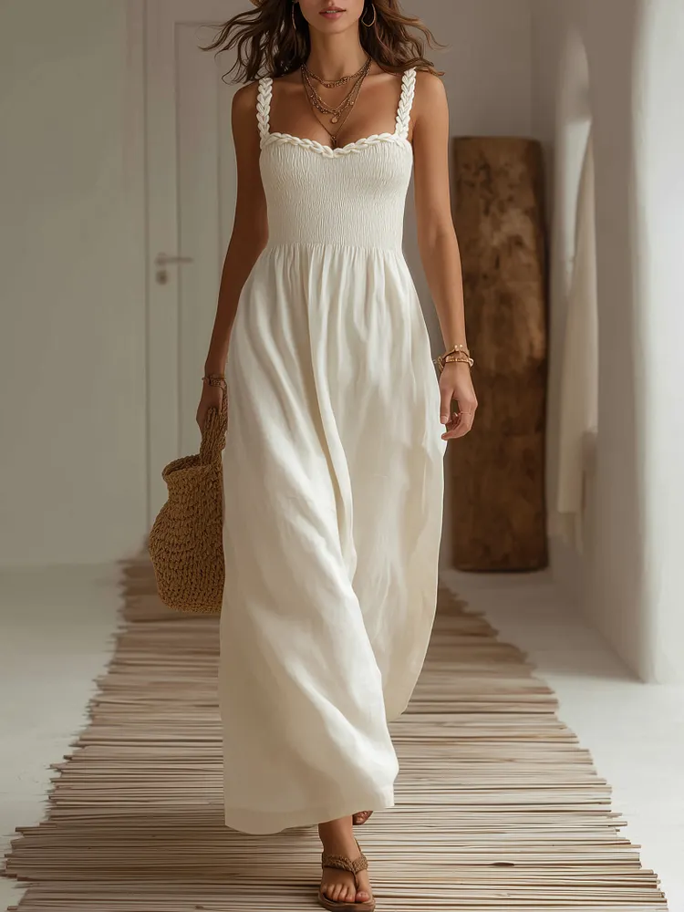 Cycladic White Smocked Linen Braided Spaghetti Straps Maxi Dress