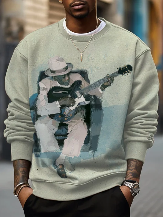 Men's Black Guitar Player  Print Casual Sweatshirt