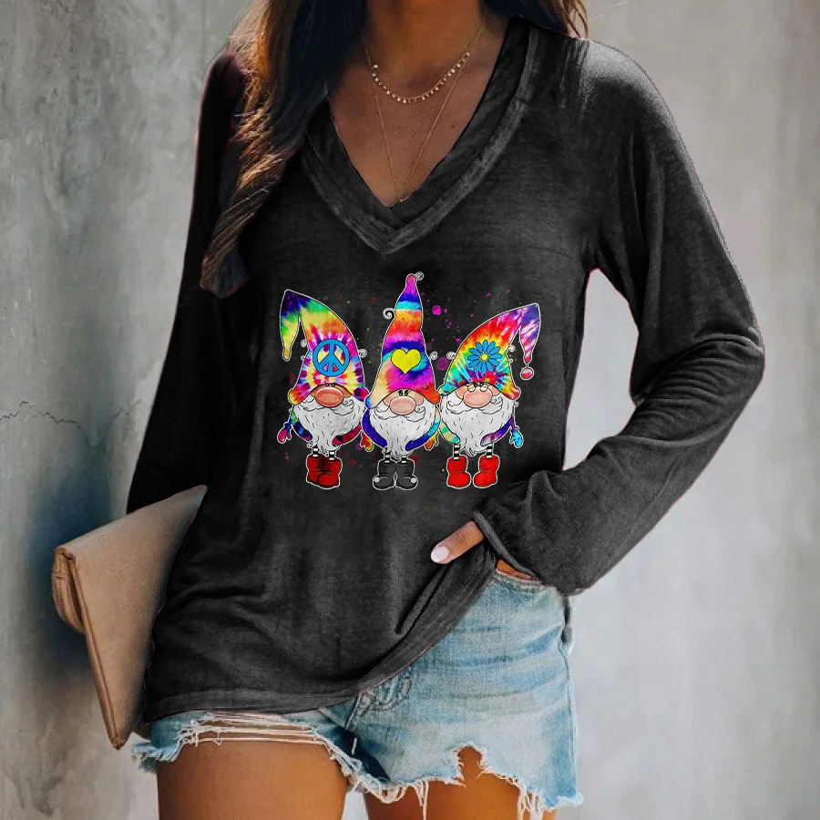 Colorful Christmas Santa Printed V-neck Women's T-shirt