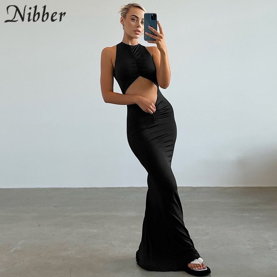 Nibber Y2k Sexy Beach Bodycon Dresses Women  Hollow Out Off Shoulder Backless Print Tie Dye Blue Maxi Dresses 2021 Summer