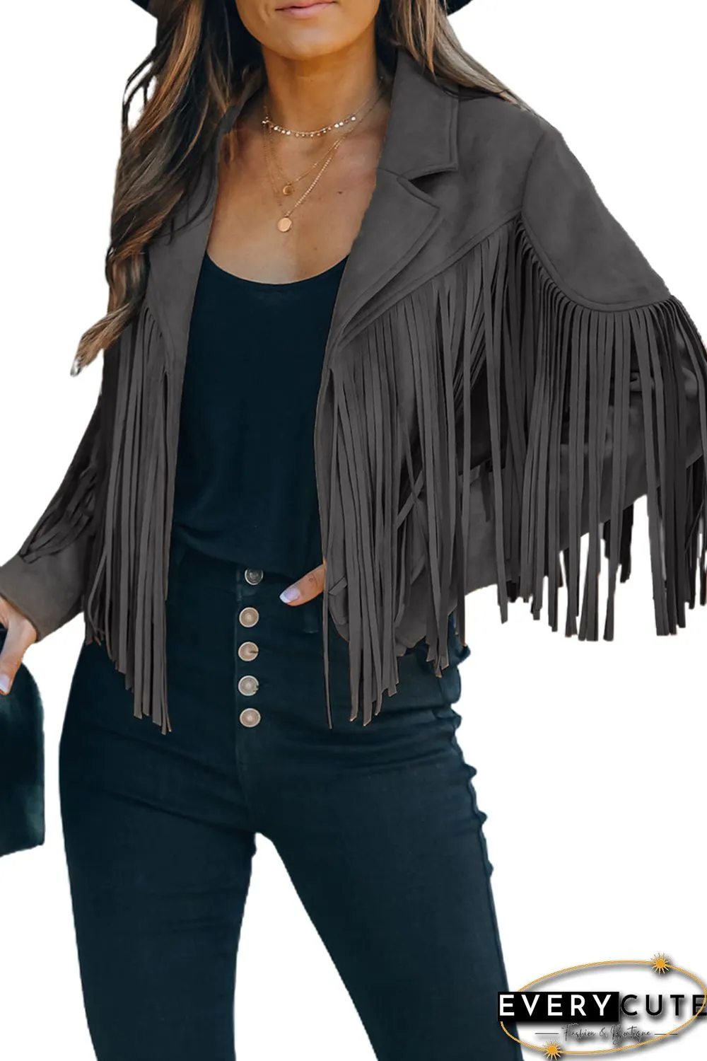 Gray Cropped Fringe Faux Suede Jacket