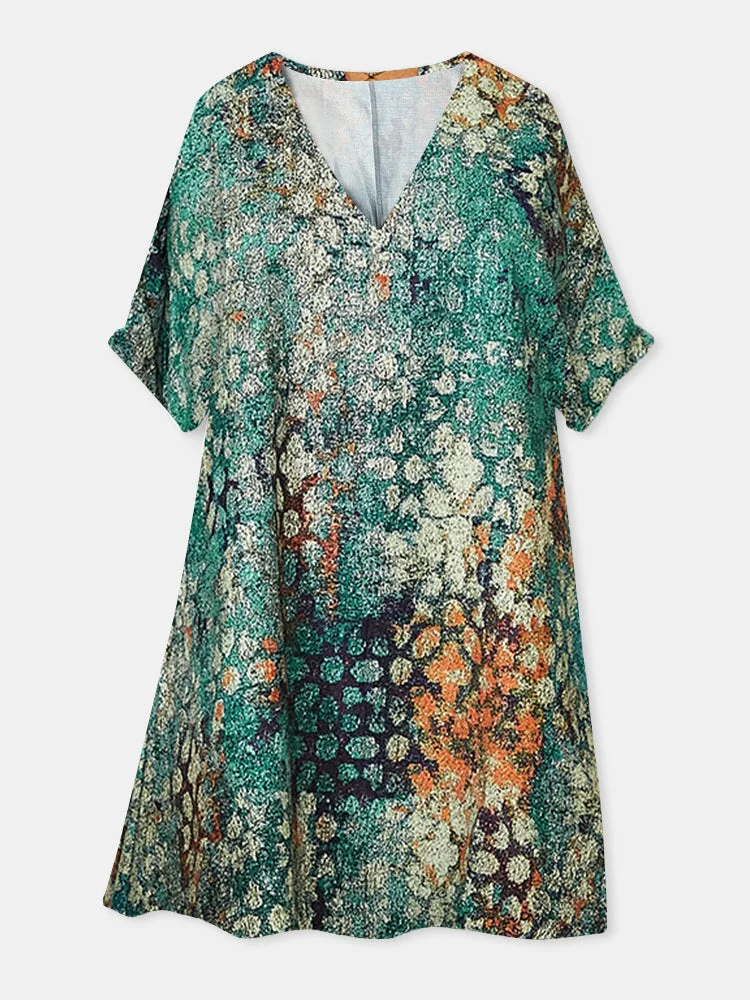 Women Short Sleeve V-neck Striped Gradient Midi Dress