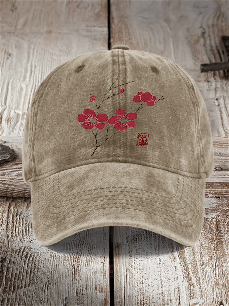 Comstylish Cherry Blossom Japanese Lino Art Washed Cap