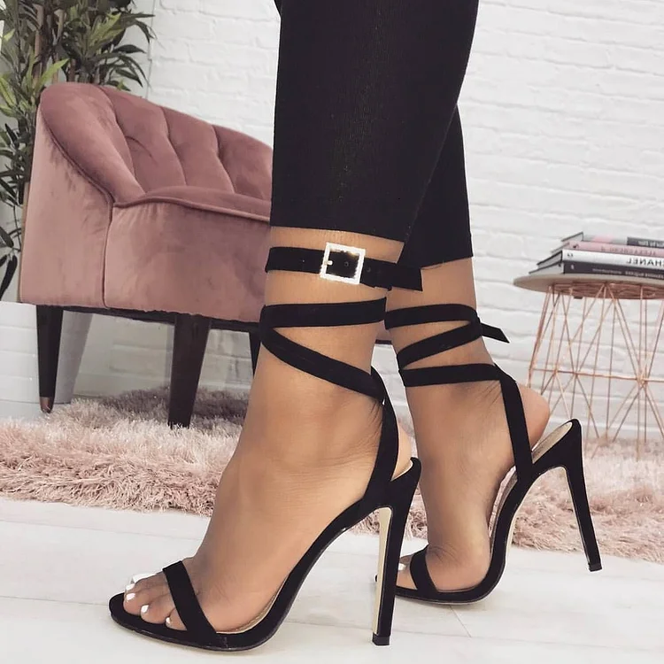 Black Open Toe Strappy High Heel Sandals for Women |FSJ Shoes