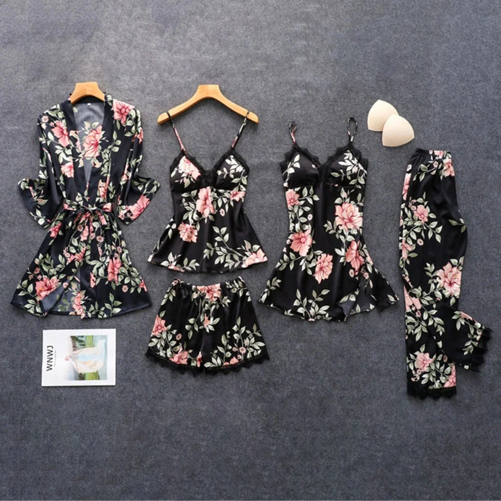 Uveng Printed Pajamas Women's Slings Aja Skirt Loose Comfortable Lace Five-Piece Homewear Lingerie Pyjamas Bathrobe Set