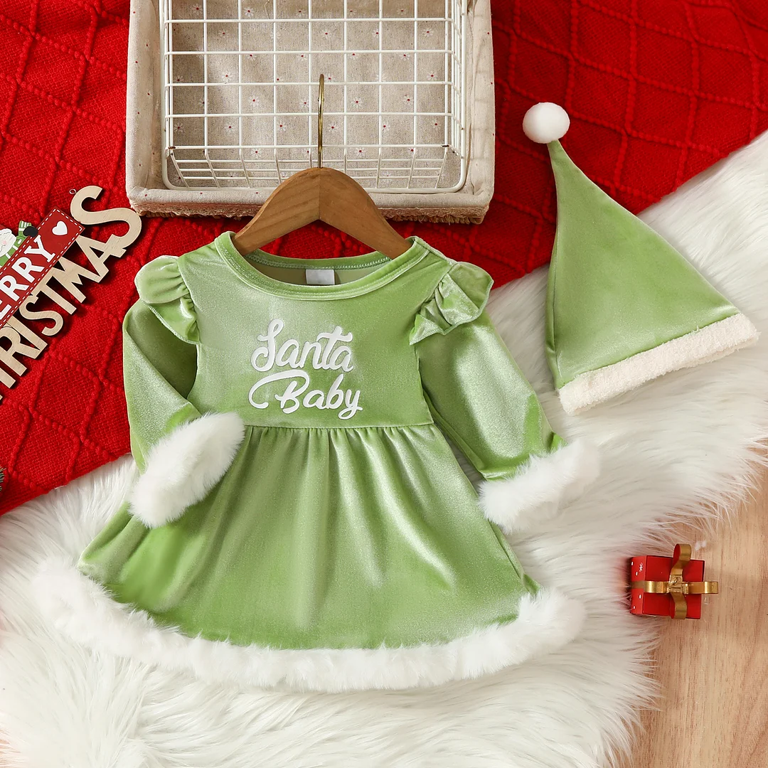 2PCS Christmas Santa Baby Letter Printed Baby Girl Dress