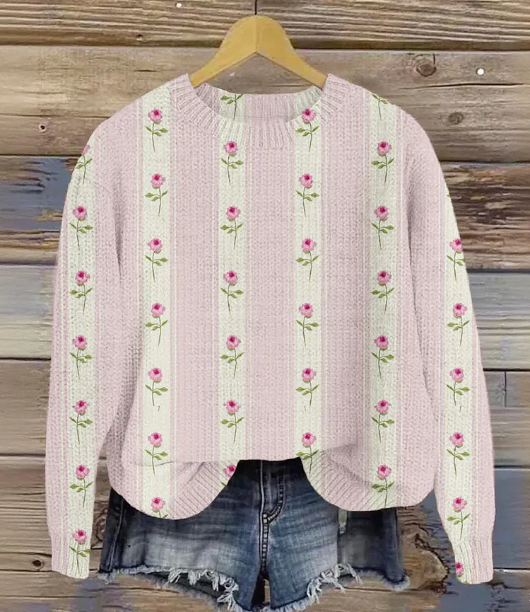 Vintage Lovely Cat Art Print Knit Pullover Sweater