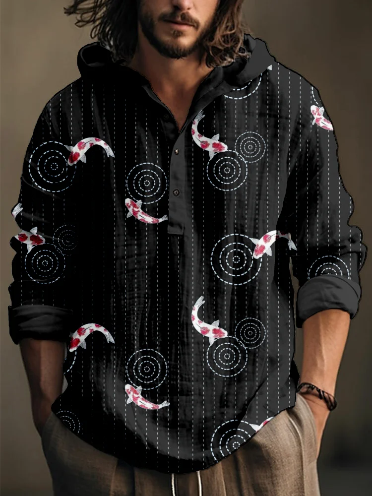 Koi Japanese Sashiko Art Linen Blend Hooded Shirt