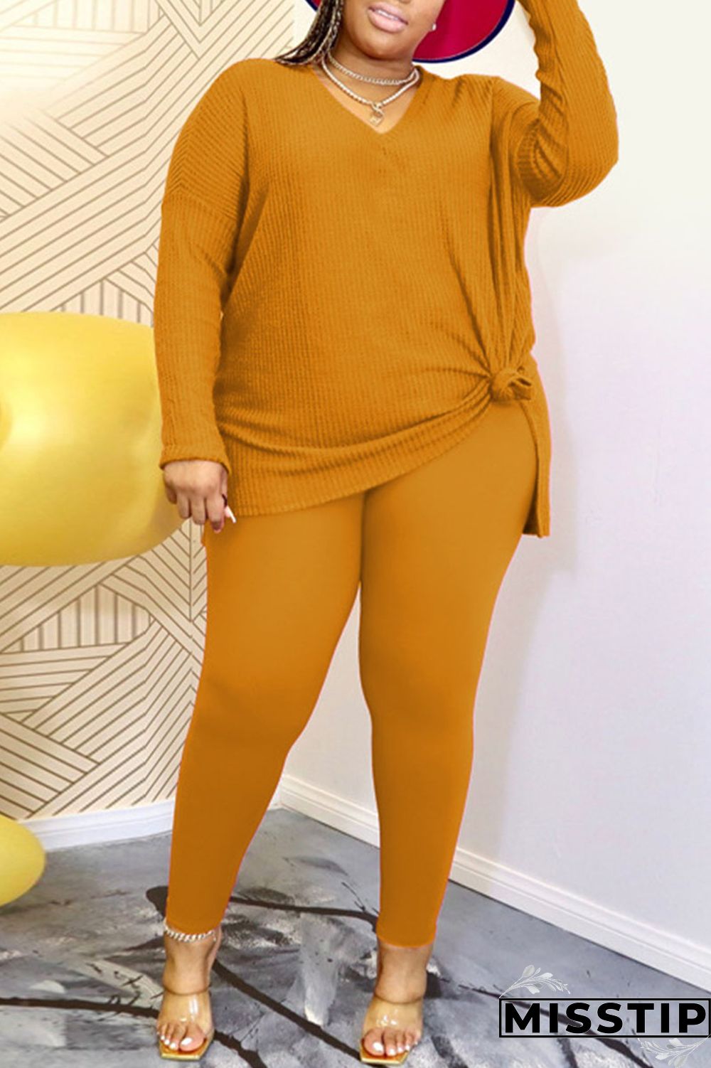 Rose Red Casual Solid Patchwork Slit V Neck Plus Size Two Pieces