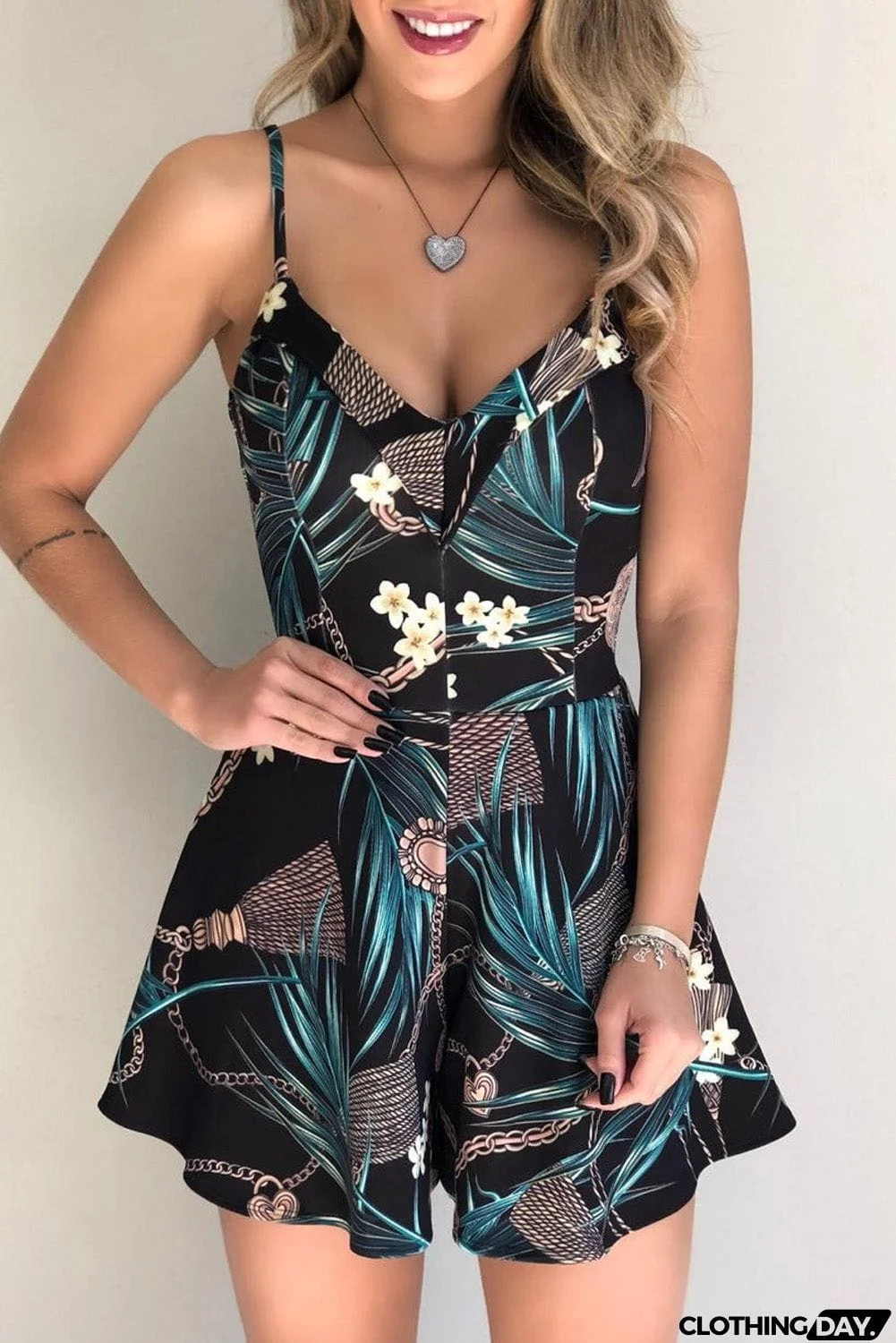 Navy Floral Print Spaghetti Straps Playsuit