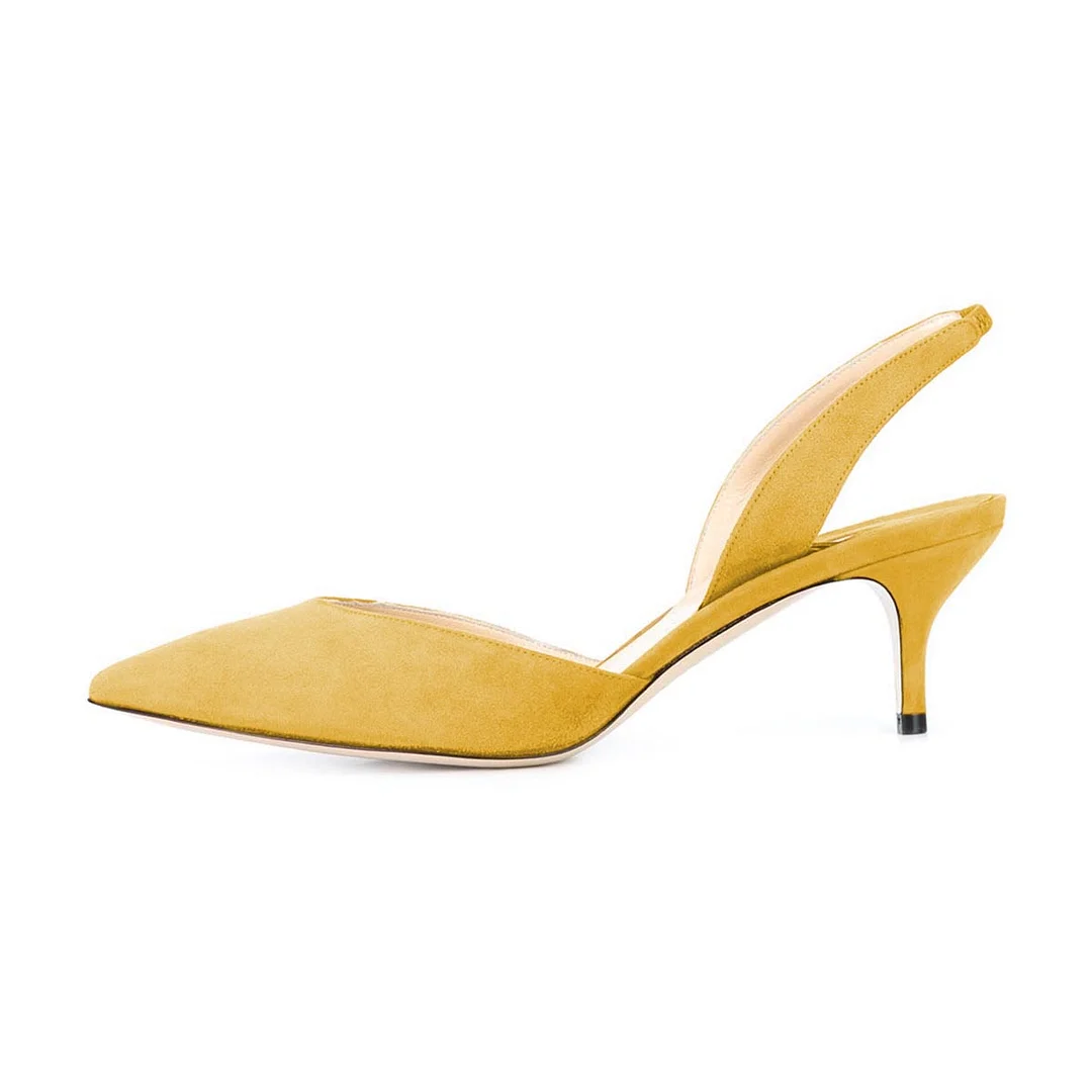 Chic Vegan Suede Pointed Toe Slingback Kitten Heels in Yellow