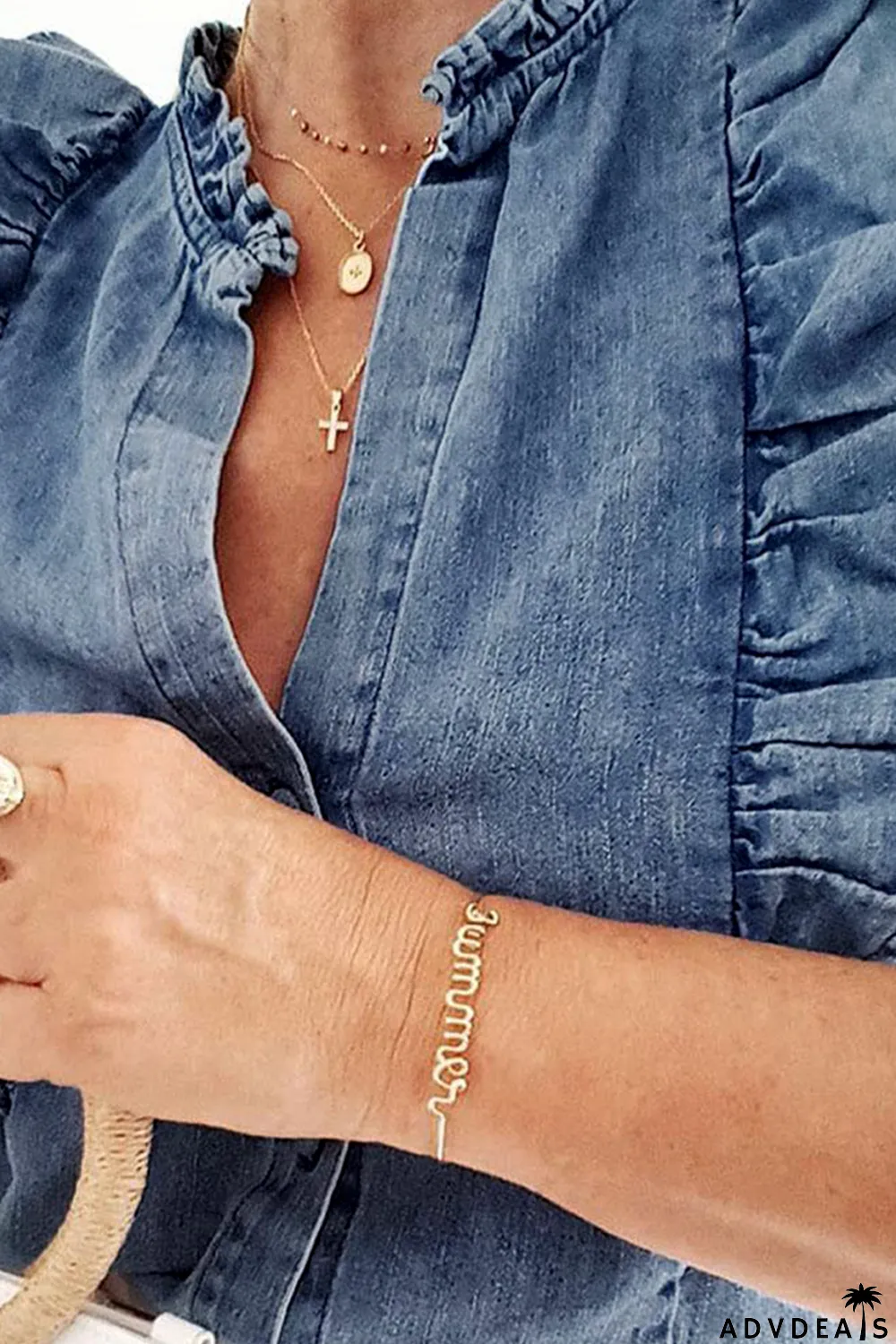 Sky Blue Ruffle Trim Half Sleeve Denim Shirt