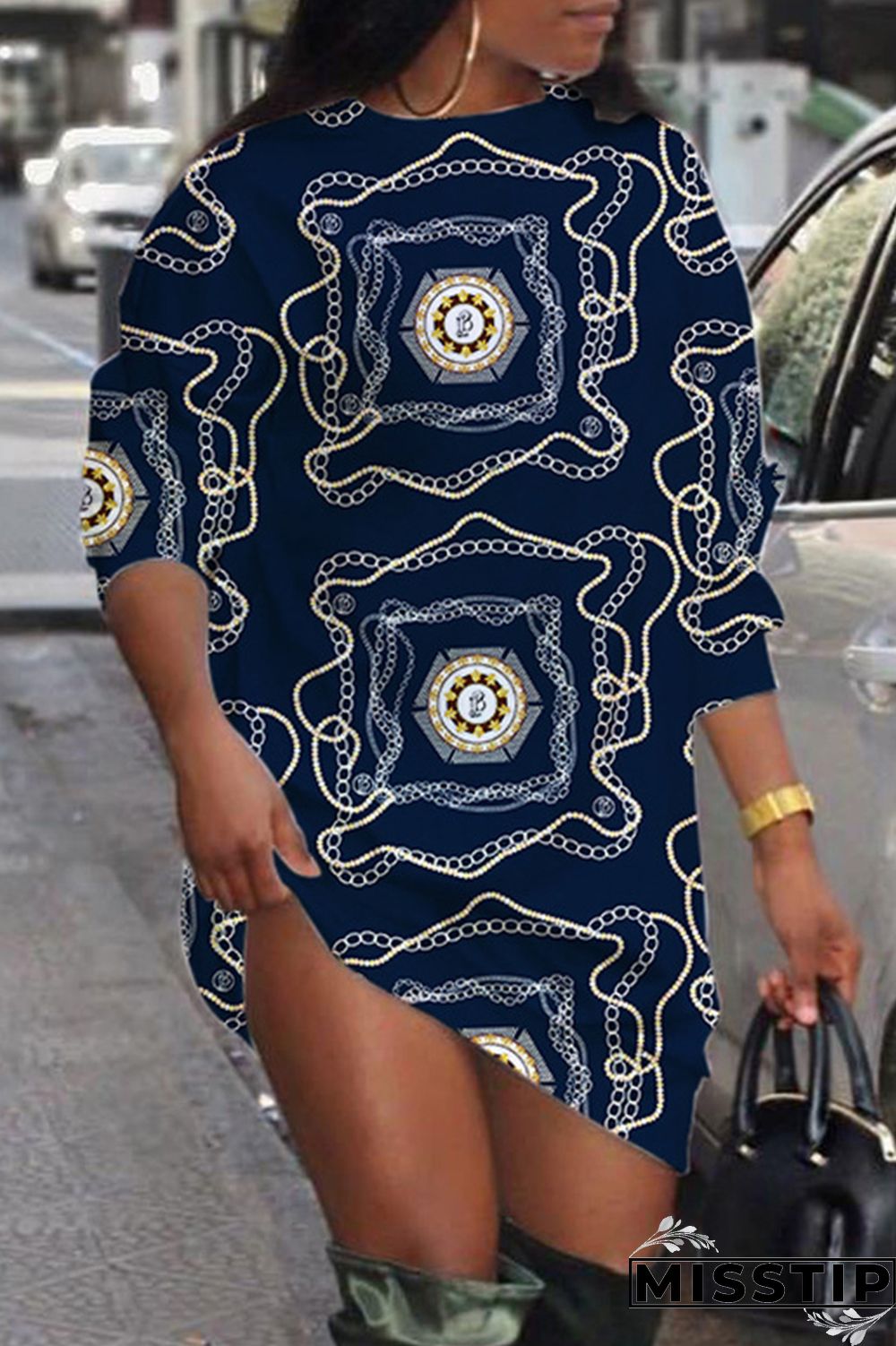 Black Casual Daily Print Patchwork O Neck Long Sleeve Dresses