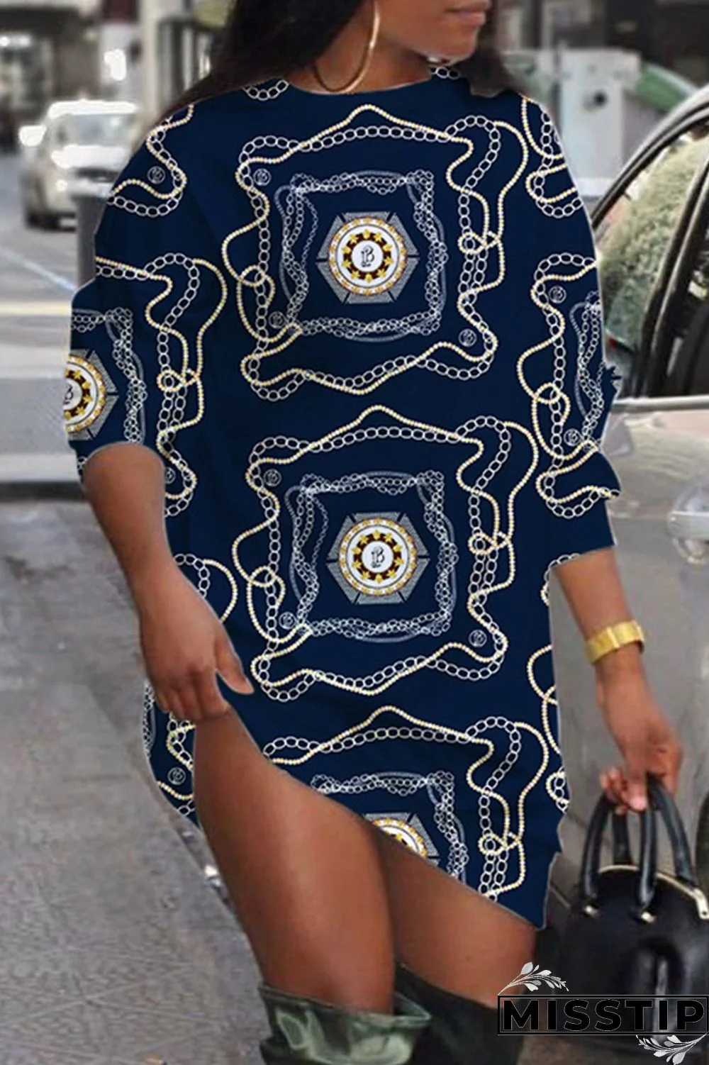 Black Casual Daily Print Patchwork O Neck Long Sleeve Dresses