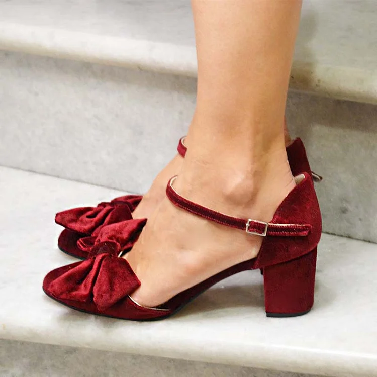 Burgundy Ankle Strap Block Heels Women's Velvet Shoes Elegant Pumps |FSJ Shoes