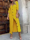 Solid Color V-Neck Buttoned Long Sleeve Simple Knitted Midi Dress