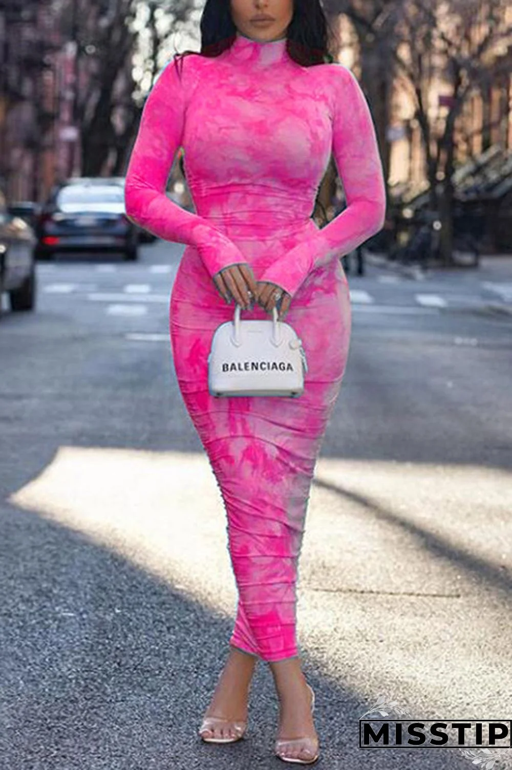 Pink Fashion Sexy Print Turtleneck Dress