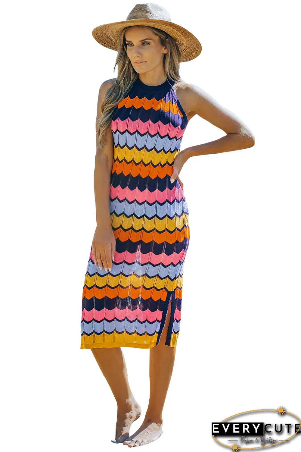 Multicolour Striped Knit Sleeveless Dress