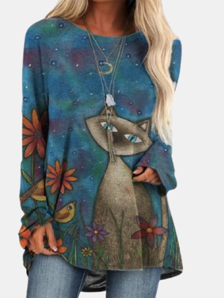 Cartoon Cat Flower Printed Long Sleeve O neck Asymmetrical T shirt For Women P1744453