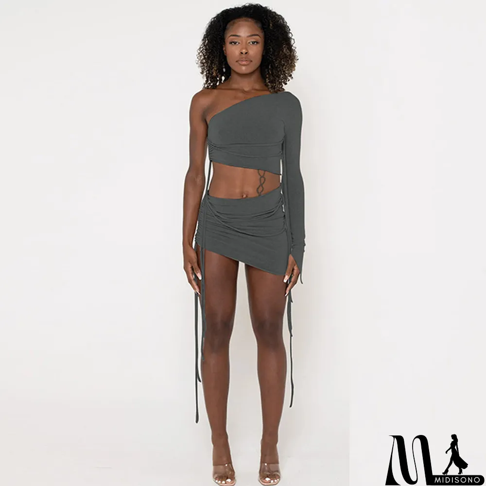 MidiSono - Women Fall One Shoulder Crop Top and Side Drawstring Skirt Two Piece Set
