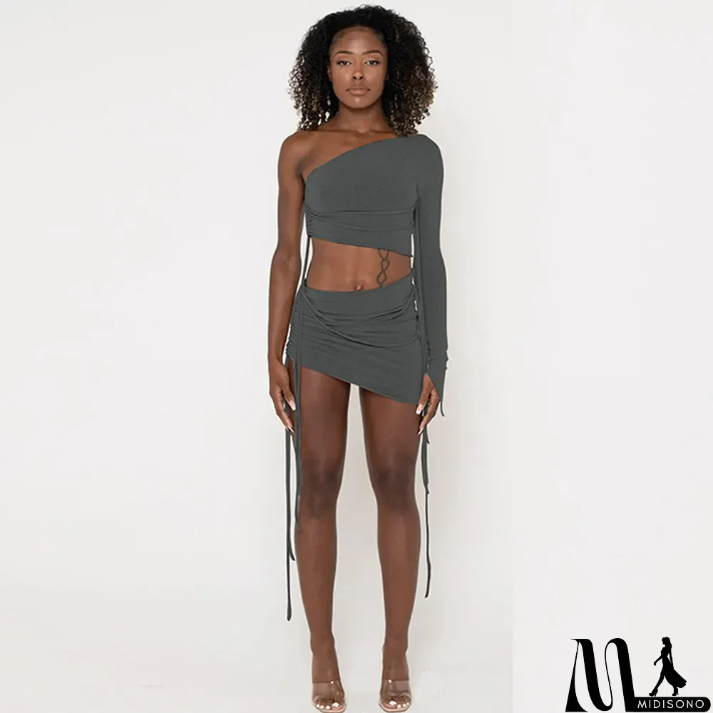 MidiSono - Women Fall One Shoulder Crop Top and Side Drawstring Skirt Two Piece Set