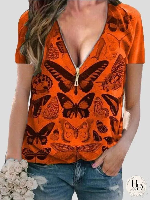 Butterfly Print Zipper V-neck Pullover Top