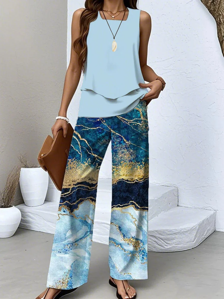 Women's Sleeveless Square Collar Graphic Printed Casual Set