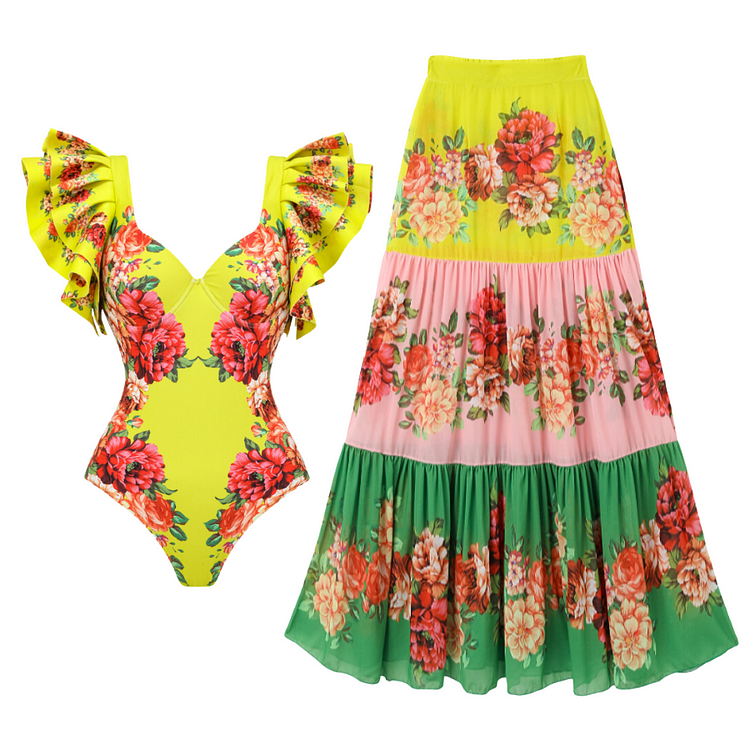 Ruffles Colorful Flower Print One Piece Swimsuit and Skirt 