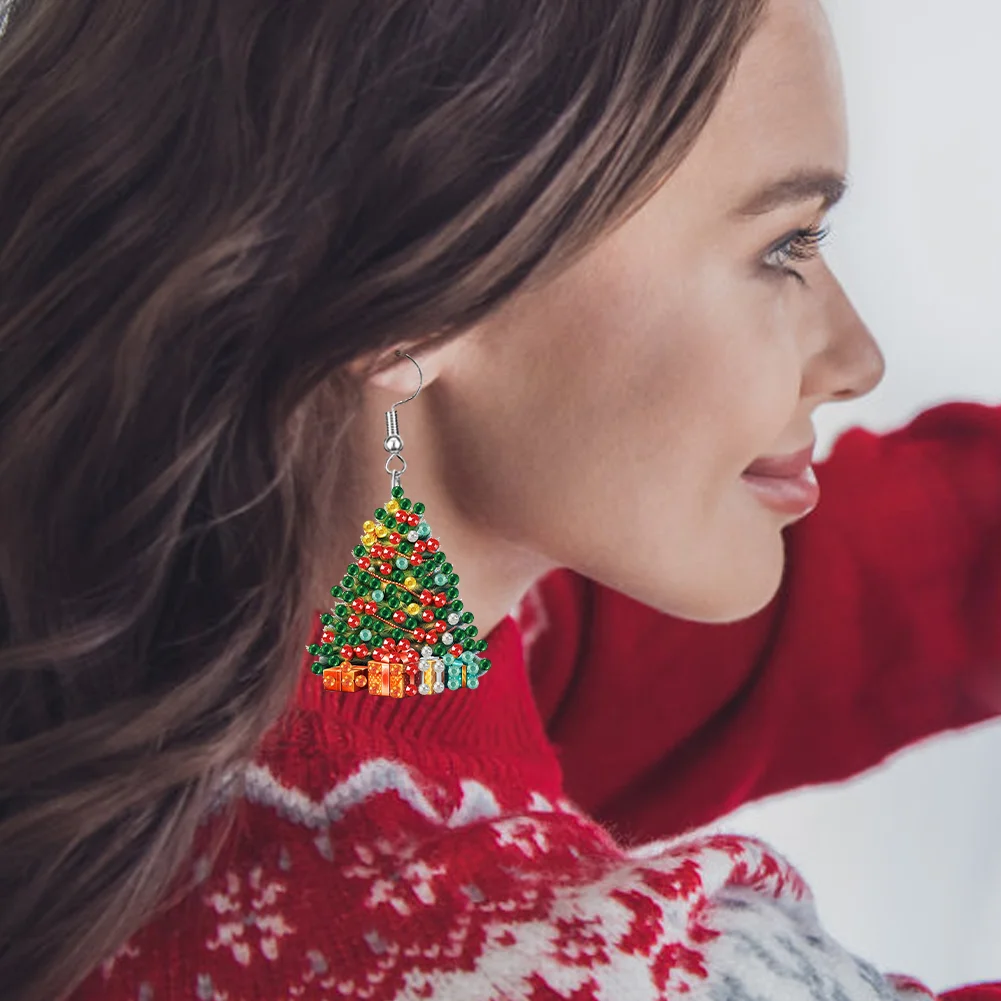 6 Pairs Double Sided Christmas Tree Diamond Painting Earrings for Women Girls