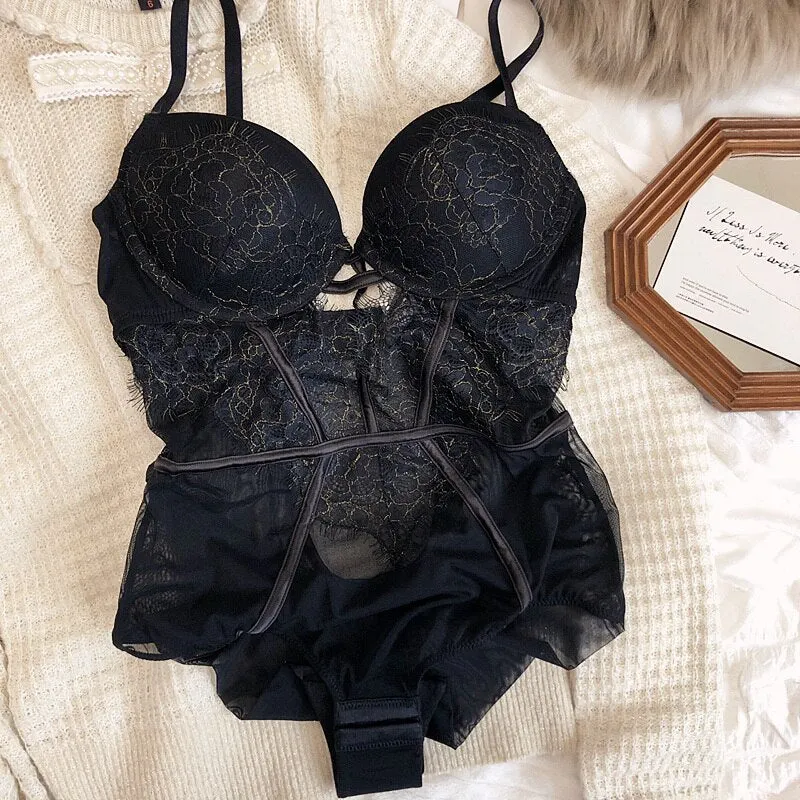 Sexy strappy design one-piece bra set see-through mesh steel ring gathered body shaping underwear embroidery lace lingerie