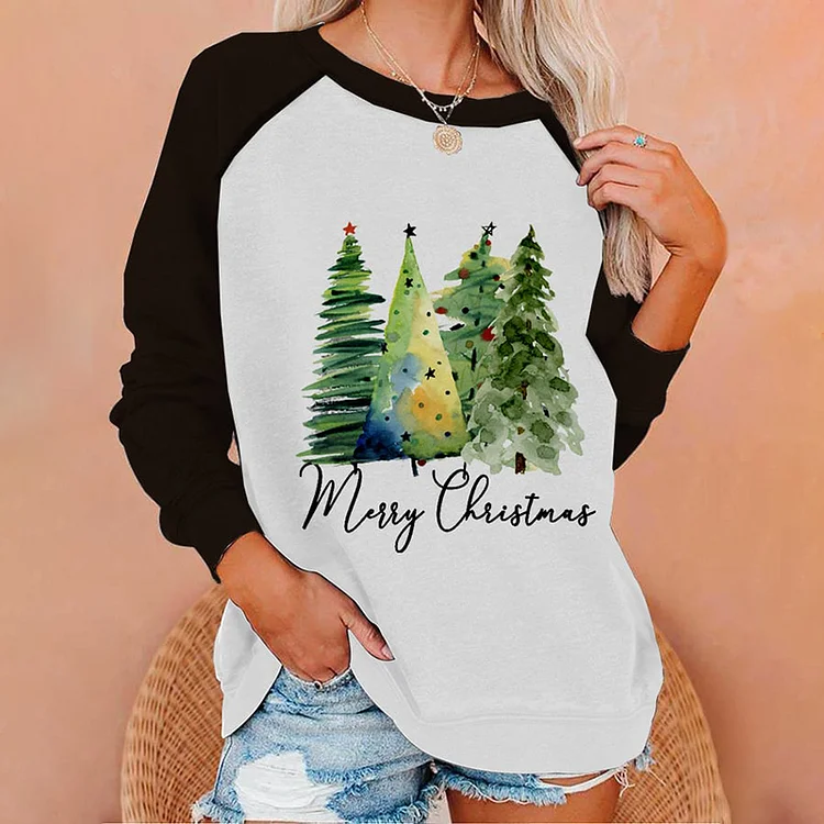 Wearshes Christmas Tree Print Panelled Long Sleeve Sweatshirt