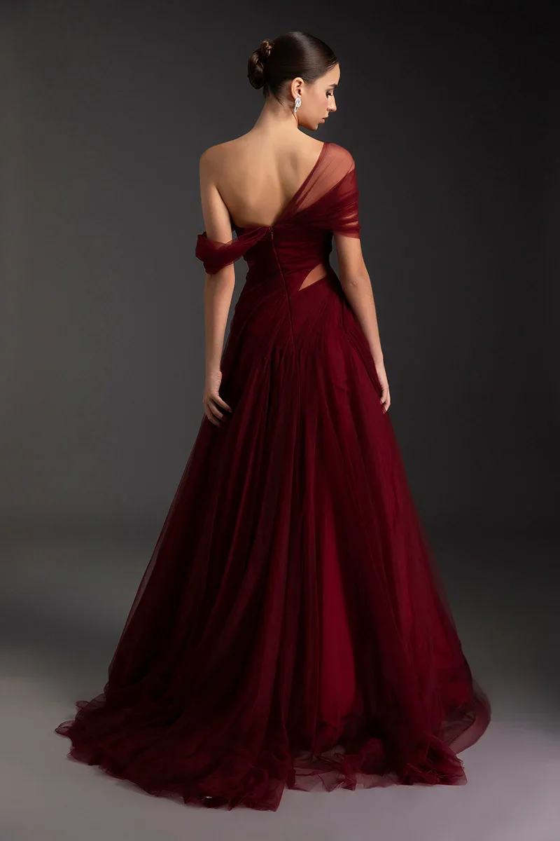 Glamorous Burgundy Off-the-Shoulder Prom Dress A-Line Floor Length