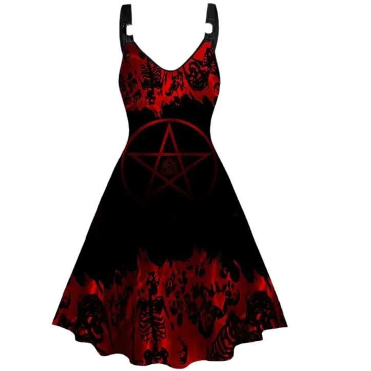  Contrast Colorblock Wing Print V Neck High Waisted A Line Mini Gothic Dress