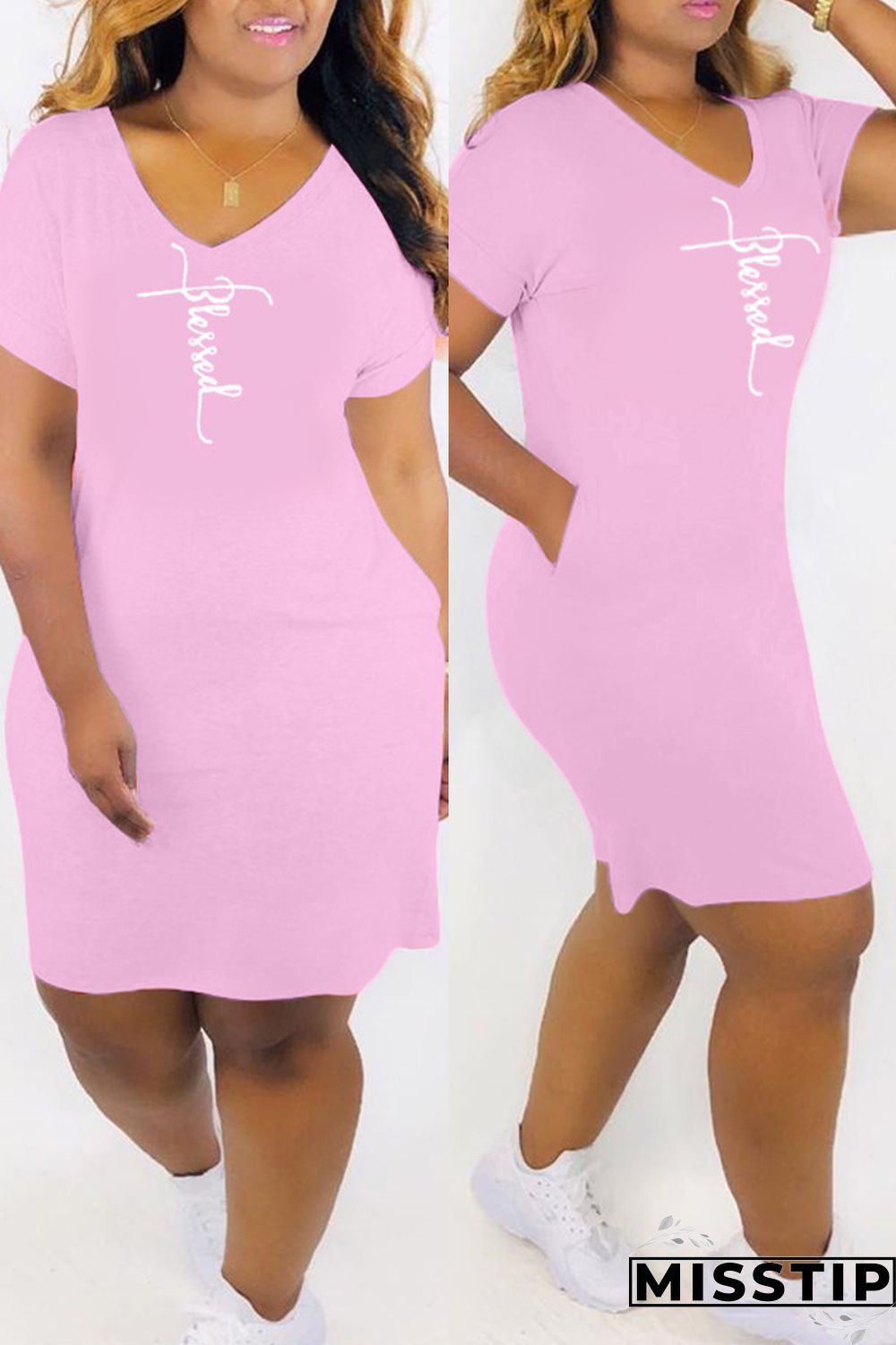 White Fashion Casual Print Basic V Neck Short Sleeve Dress
