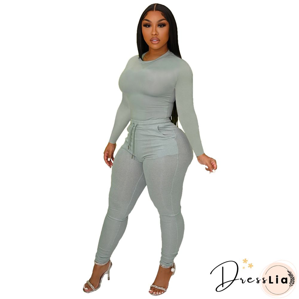 Solid Long Sleeve T Shirt Lace Up Pants Set