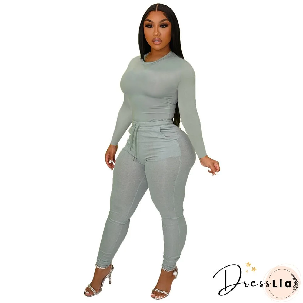 Solid Long Sleeve T Shirt Lace Up Pants Set