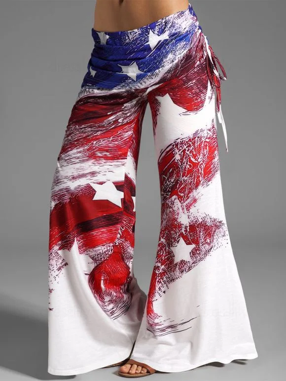 American Flag Print Patriotic Wide Leg Pants Cinched Foldover Elastic Waist Loose Pants socialshop