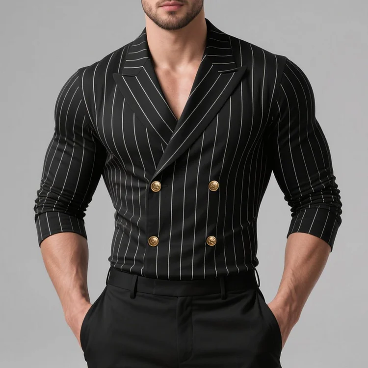 Okaywear Business Pinstriped Peaked Lapel Double Breasted Long Sleeve Shirt 