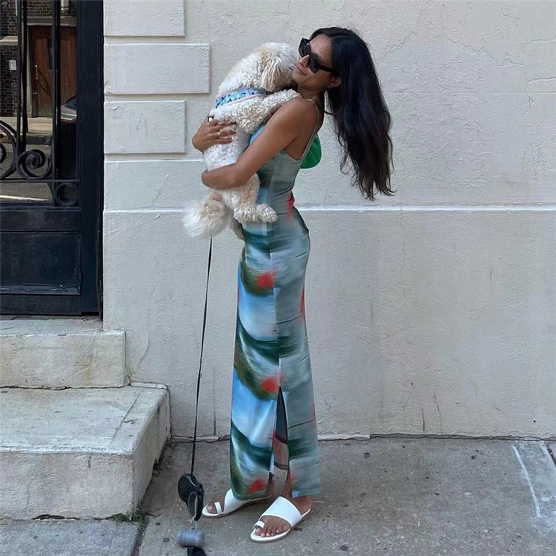 Ootddress Contrast Casual For Women Dress Printed Slim Hot Backless Split Holiday Halter Dresses Outfits Off-Shoulder Summer Dress