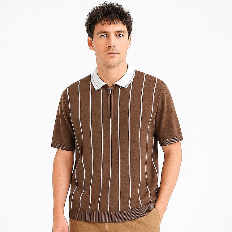 Retro Vertical Stripe Knit Zip Polo QueenFunky