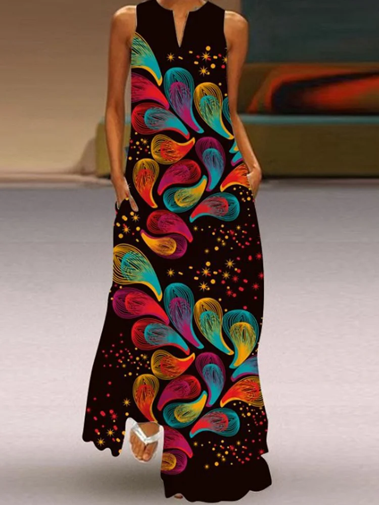 Casual Letter Floral Pattern Pocket Sleeveless Maxi Dress